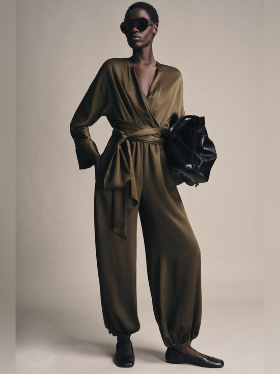 Zara Pants - NWT. Zara ZW Collection Dark Khali Satin Effect Long Bloomer Jumpsuit. Size L.